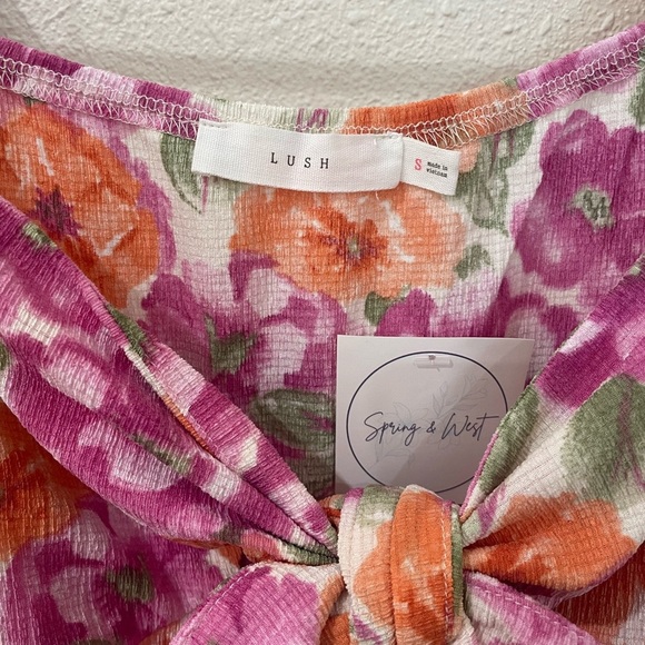 Lush Pink and Orange Floral Font-Tie Romper with Puff Sleeves Small - Picture 10 of 12